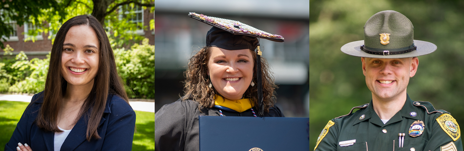 Three photos, one of a woman in professional clothing, one of a woman in graduation cap and gown, and one of a male state trooper