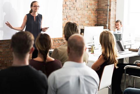 faculty member presenting to other faculty in a sunlit brick-walled room