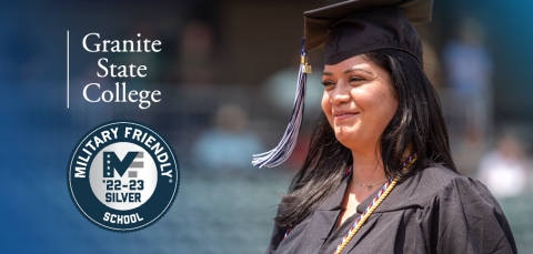 Graduating student smiling with Military Friendly '22-23 Silver School logo next to her