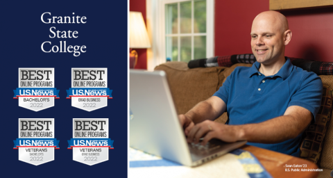 Student smiling while working on laptop with U.S. News badges on left side of image