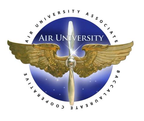 community college of the air force logo - gold wings over a blue circle background