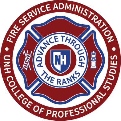 Fire Service Administration logo with Advance through the rank at UNH College of Professional Studies hook and ladder fire shield 