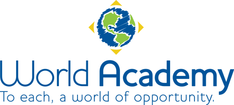 World Academy logo, globe and tagline "To each, a world of opportunity"